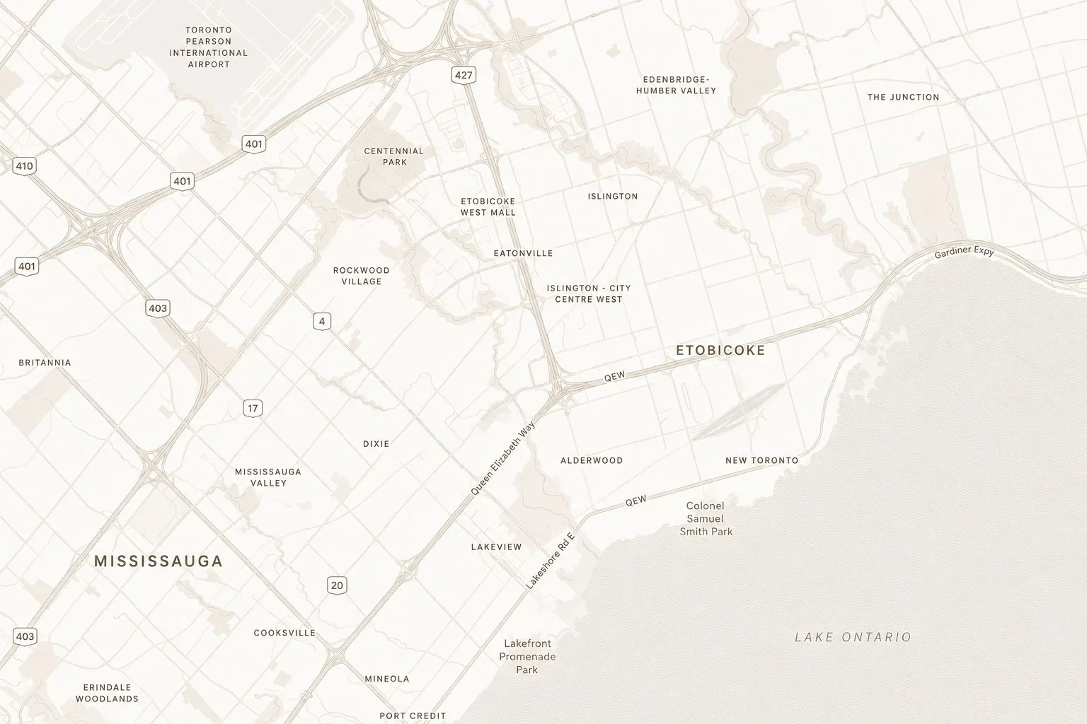 Map of Toronto's west end and Mississauga, including Etobicoke, along the lakeshore.