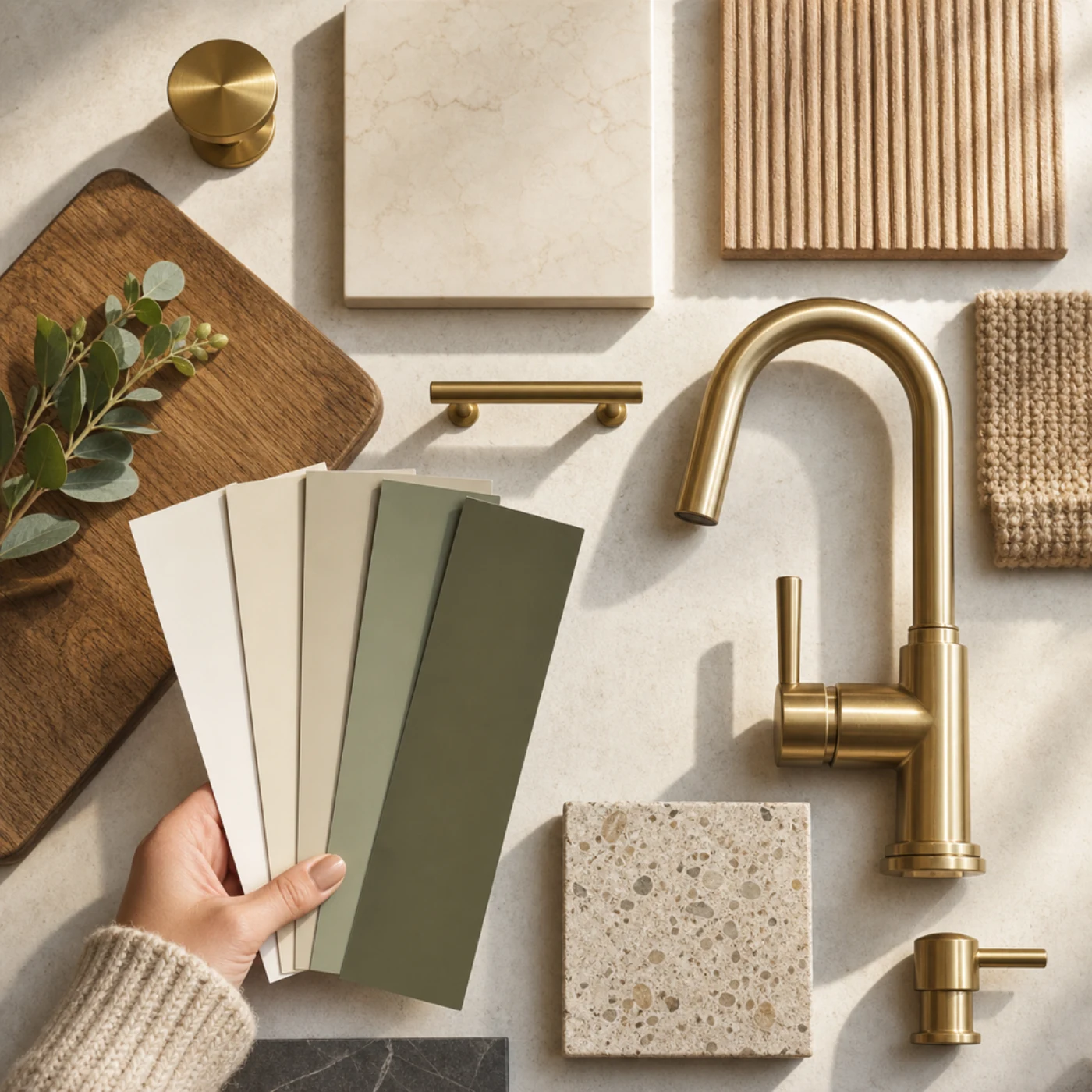 Hand compares green paint swatches beside tile samples, a brass faucet, and cabinet hardware.