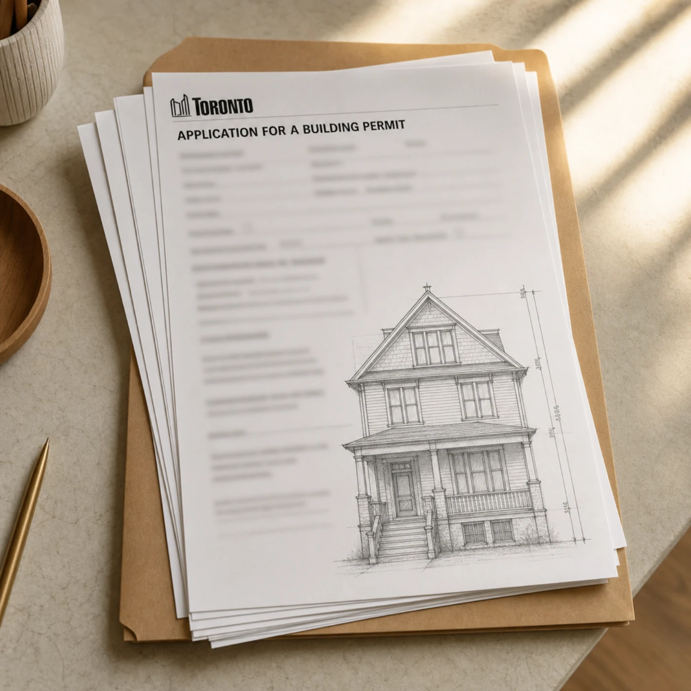 Stack of City of Toronto permit application documents with a house elevation drawing.