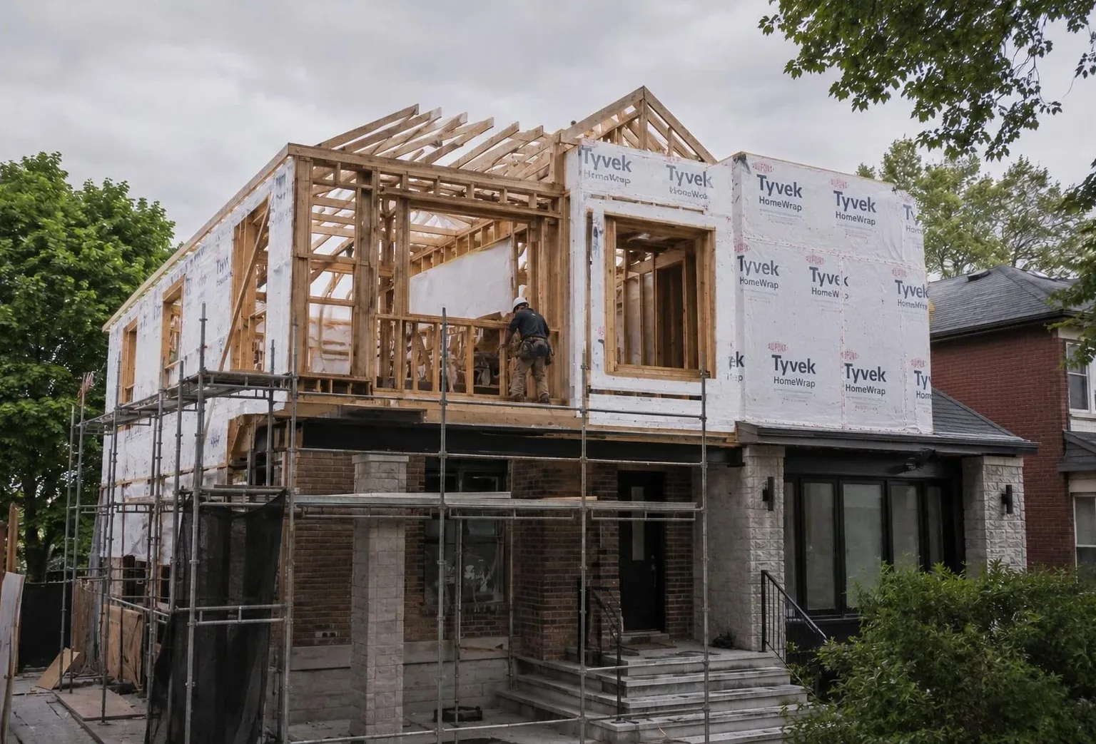Second storey addition under construction, with exposed wood framing and house wrap above the finished main floor, surrounded by scaffolding.