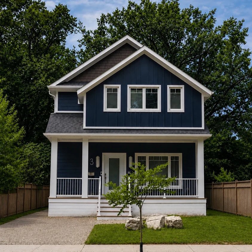 The finished exterior of the renovated home, viewed from the street.