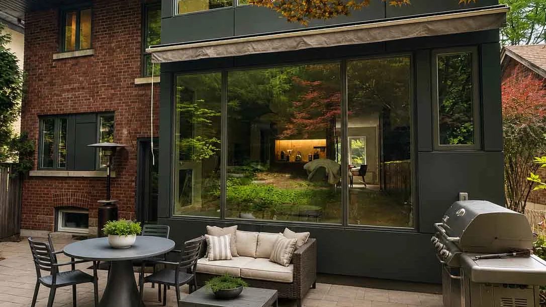 The finished two-storey glazed addition on the rear of the same house, Forest Hideaway project.
