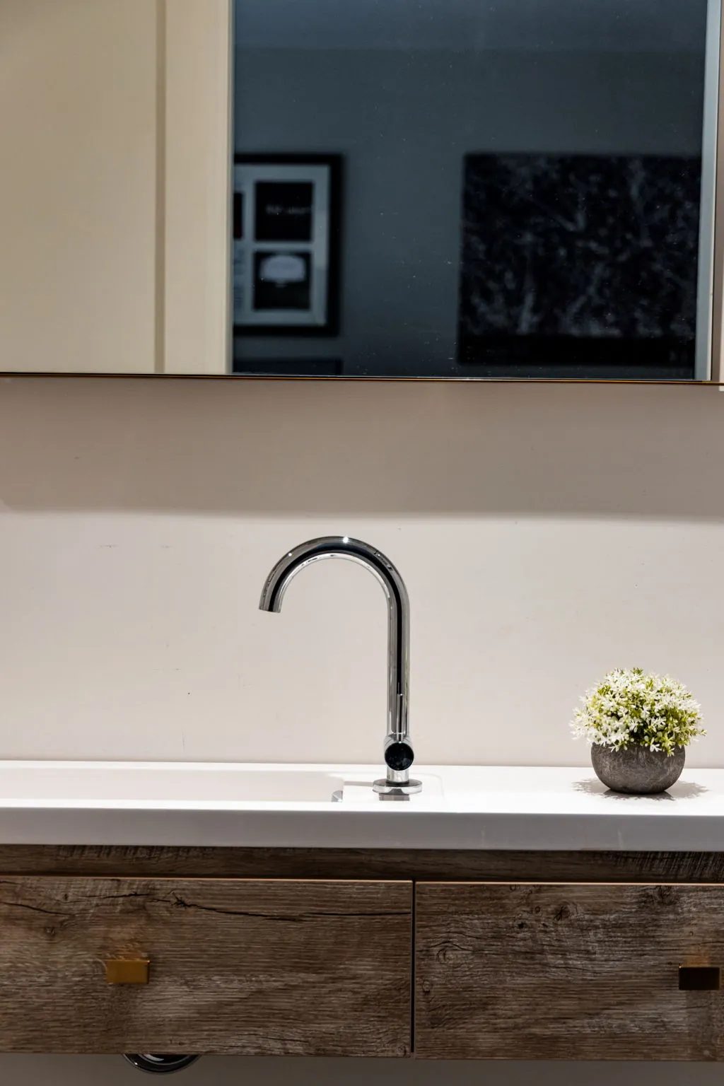 A bathroom vanity of textured dark wood with brass pulls, a white integrated sink, a chrome faucet, a potted plant and a wide mirror, with the bathroom type not visible.