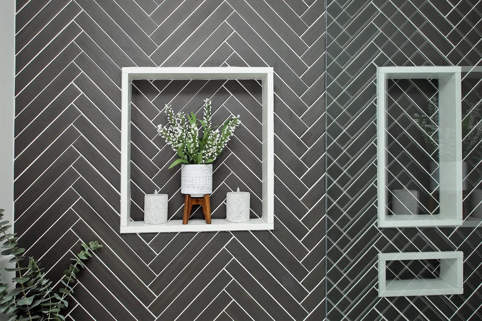 Recessed display niche in dark herringbone wall tile, Timeless Elegance project