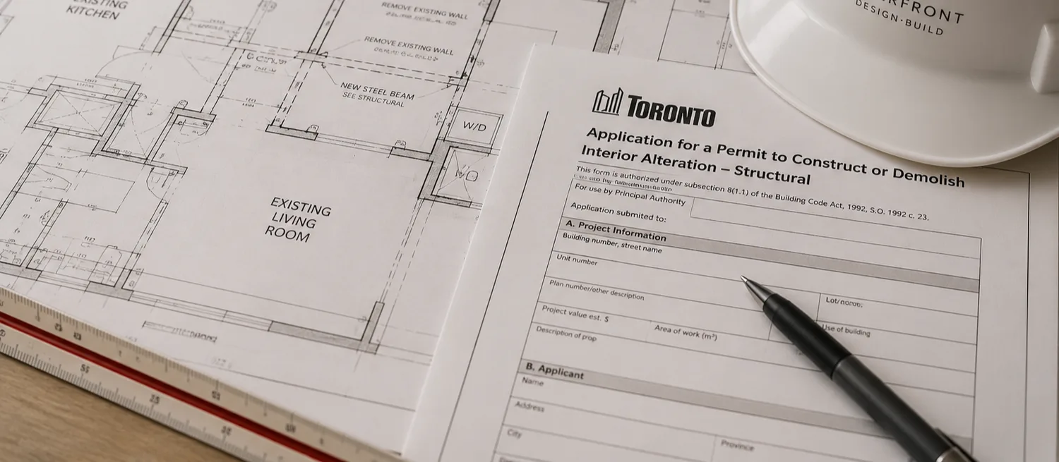 An unfilled form for a Toronto city permit application with a pen