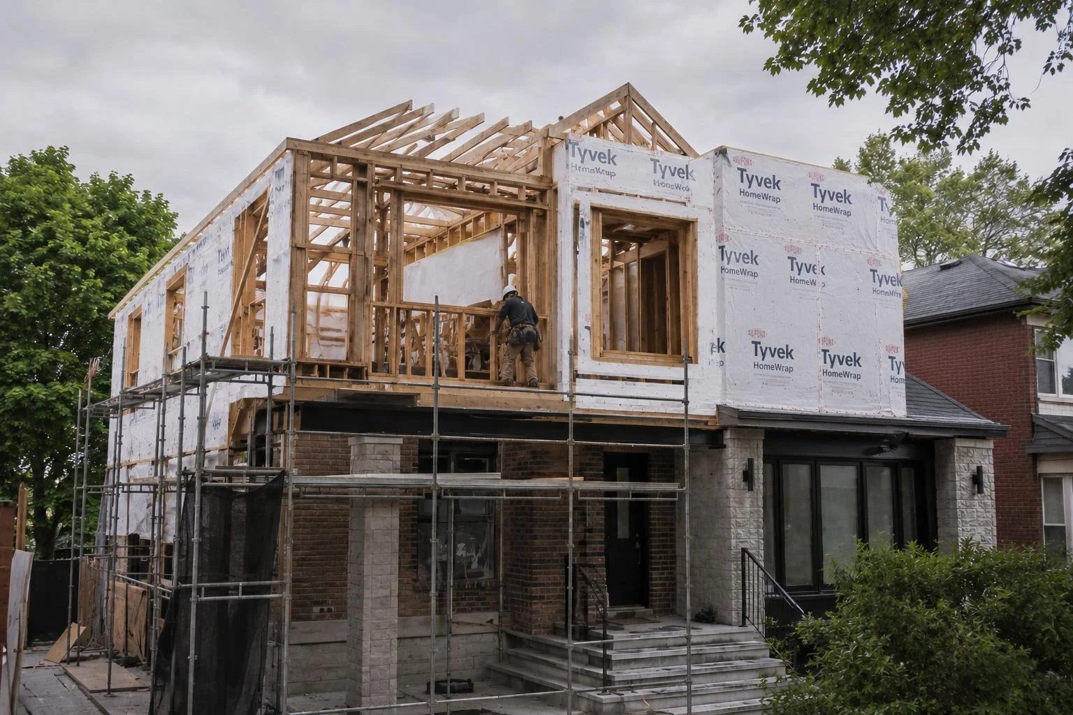 Second storey addition exterior during the construction phase.